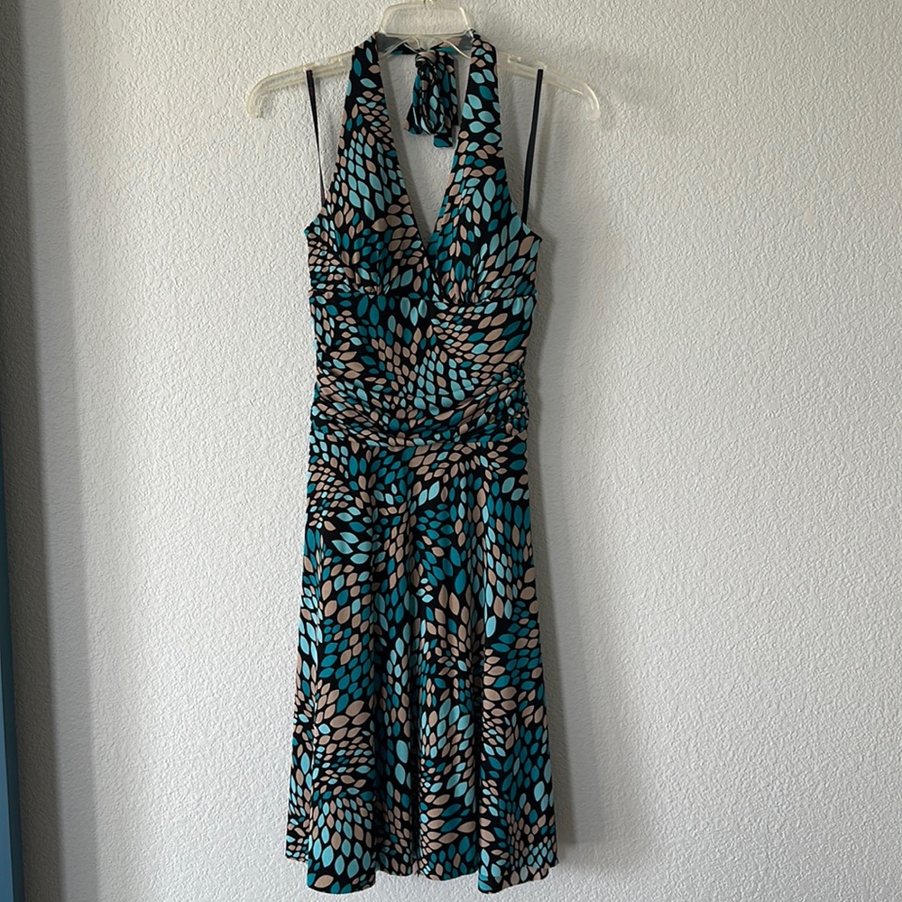 Dark brown, turquoise, aqua and tan, knee length, halter dress